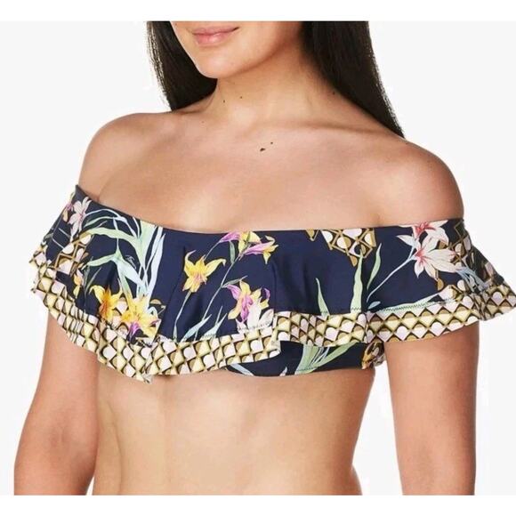 Trina Turk Off Shoulder Bandeau Bikini Top Size 4 Ruffle Swimsuit Fiji Tropical - Picture 1 of 7
